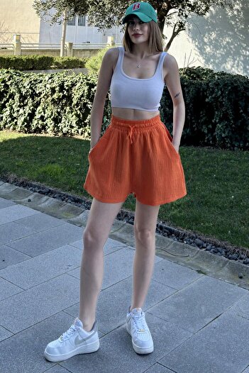 NEW LAVİVA Orange Casual Muslin Shorts - Pockets, Laces and Elastic Waist