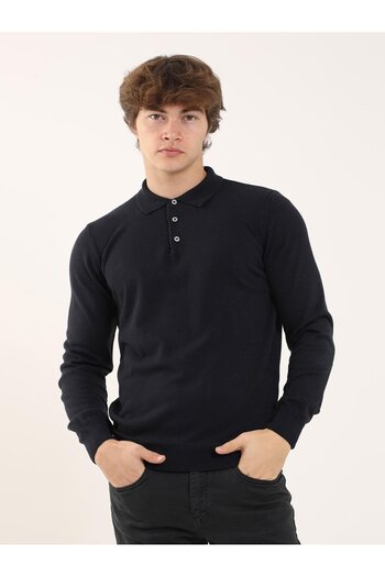 Dufy Navy Blue Men's Slim Fit Plain Classic Polo Neck Knitwear