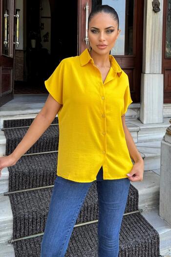 NEW LAVİVA Cămașă de damă muștar - guler clasic, mânecă scurtă, țesătură texturată, potrivire lejeră și confortabilă