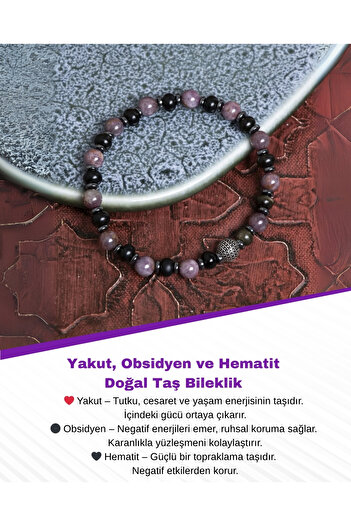 Saff Doğal Taş Sertifikalı Yakut, Obsidyen ve Hematit Doğal Taş Bileklik