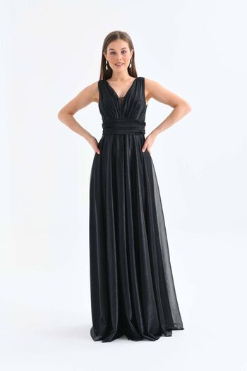 Neşeli Butik kadın siyah v yaka simli tül abiye elbise NBS9223