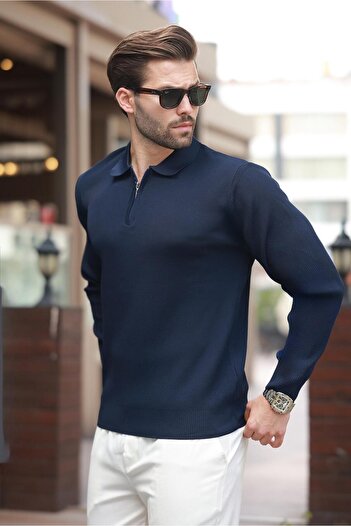 Madmext Polo Neck Navy Blue Men's Sweater - Zippered, Long Sleeve 7240