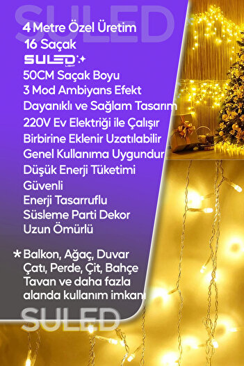 SULED Sarı Led Işık Sarkıt Efekt Modlu 4 Metre Power Led 16 Saçak Iç & Dış Dekor Süsleme 220v Fişli
