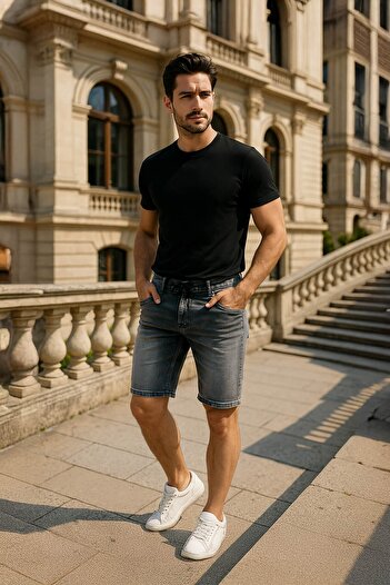 BANNY JEANS Men's Jean Shorts - Lycra and Lace-up
