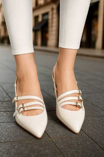 Nstil Daily Women's White Patent Leather Pointed Toe Adjustable Belt Helmet Short Block Heeled Shoes 455