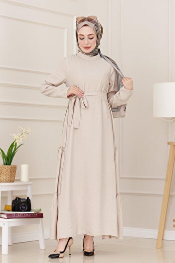 Sevitli Μπεζ Χρώμα Φόρεμα Hijab - Πλαϊνό φερμουάρ