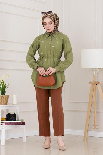 Sevitli Monaco Collar Stone Tunic-Khaki