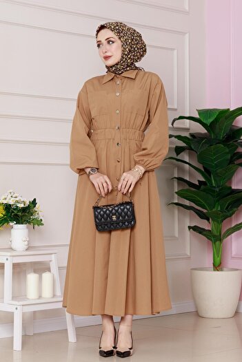 Sevitli Φόρεμα Jasmine-Camel με λεπτομέρεια από καουτσούκ στη μέση
