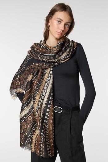 Axesoire 15055 Ethnic Patterned Gilded and Tasseled Brown Shawl