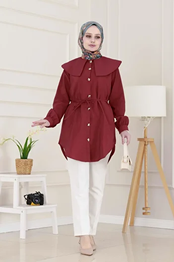 Sevitli Wide Collar Tunic with Lace-Up Waist - Burgundy