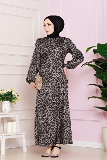 Sevitli Βραδινό φόρεμα Hijab με κορδόνια με σχέδιο Leopard - VIZON