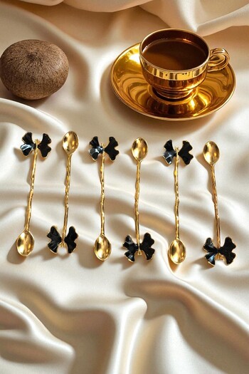 CHANCE GİFT Gold Plated Butterfly Figure Enamel Set of 6 Tea Spoons (BLACK)