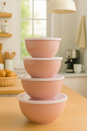 Vienev Set of 4 Round Bowls Pink |   1L, 1.5L, 2.3L, 3.3L |   Multi-Purpose Kitchen Storage Container with Lid