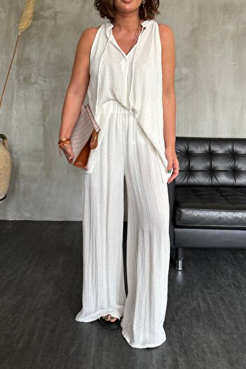 Suziş Boyundan Tie-Up Asymmetric Cut Bluz Pant Suit 51182