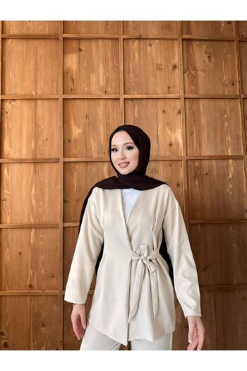 VHTMODA Women's Clothing Beige Color Side Tie Detailed Suit Hijab Double Suit Bottom Top Suit