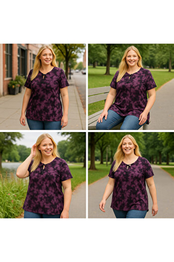 MODA Women's Plus Size Baby Collar Lace Detail Tie-Dye Pattern Blouse