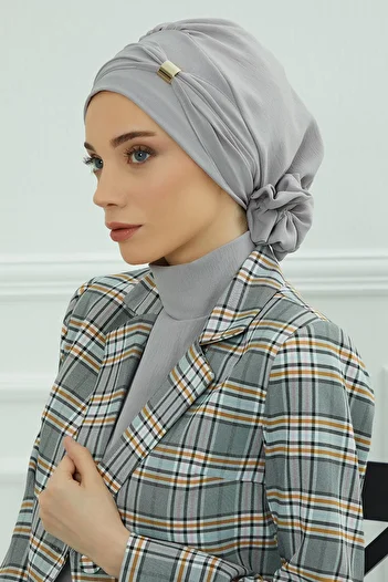 Aisha's Design Aerobin Fabric Ready-Made Turban with Accessories, Ht-95, Gray