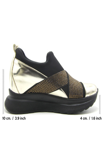 Erkan Saçmacı Lopez Exclusive Gold Patent Leather Stretch Stone Hidden Wedge Heeled Casual Shoes