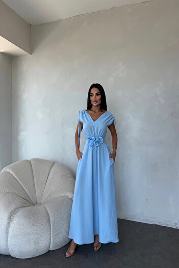 LİLA İSTANBUL Rochie de vară cu decolteu în V, cu șnur, cu detaliu de trandafir