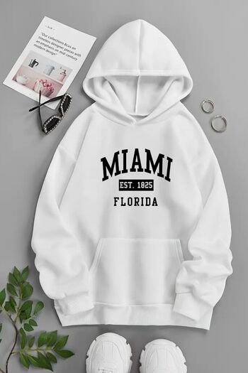 Sweetline Unisex Λευκό Φούτερ με κουκούλα – Miami Florida, Χοντρό ύφασμα με στάμπα