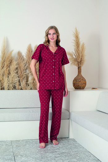 Line Smart Women's 100% Natural Cotton Heart Shirt Collar Short Sleeve Pajamas Set