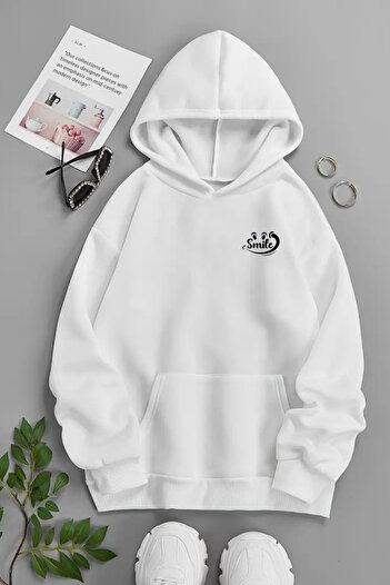 CLAYES Unisex Λευκό Φούτερ με κουκούλα – Smile Smile Minimal, Χοντρό ύφασμα με στάμπα