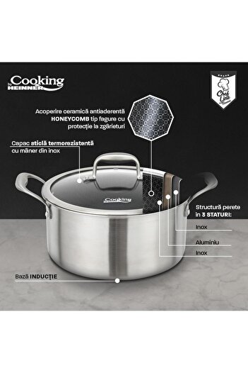 Heinner Stainless steel saucepan with lid, size 20x10 cm, 2.8l, HONEYCOMB ceramic coating, Titanium