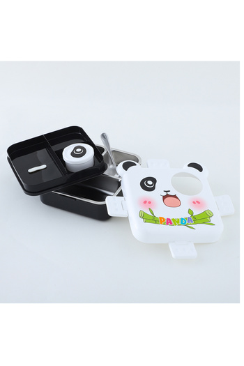 Fab N Funky Kids Stainless Steel Lunch Box w/ Spoon, Tray and Side Dish Container, Panda Theme - White and Black