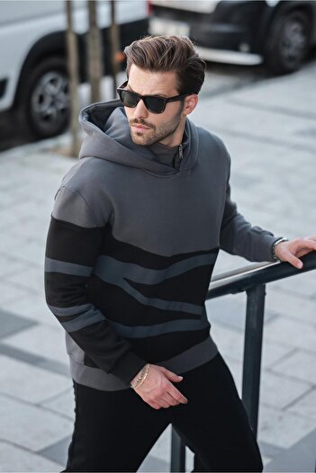 Madmext Smoked Hooded Zipper Collar Patterned Men's Sweatshirt E7162