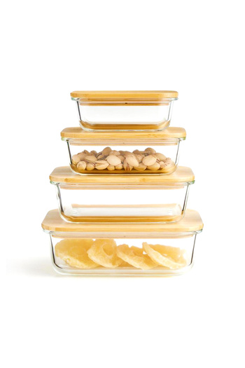 Blackstone 4‑Piece Glass Food Container Set (370ml, 640ml, 1040ml, 1520ml) – Wooden Lid & Silicone Seal