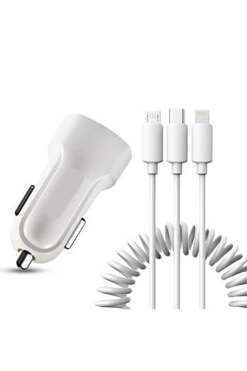 SOHO Car Charger 2.4A 2x USB with 3-in-1 Cable, 1x USB-C, 1x Lightning, 1x MicroUSB, 1m, White