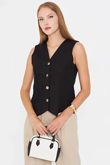 armonika Women's Gold Glitter V-Neck Body Fitting Linen Look Lined Vest Arm-24Y001111