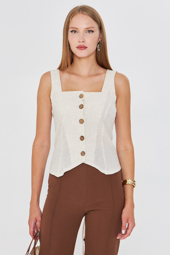 armonika Women's Cream Square Collar Linen Look Vest with Lace Detail on the Back Arm-25Y001089