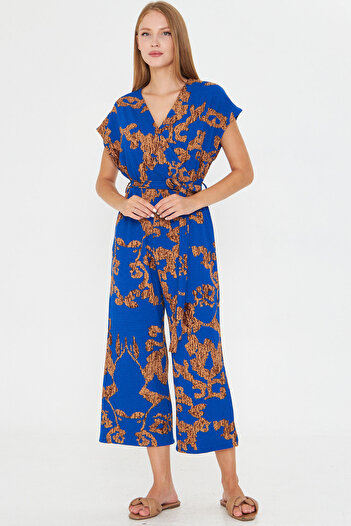 armonika Women's Blue-Beige Double Breasted Jumpsuit with Belt Arm-20Y042008