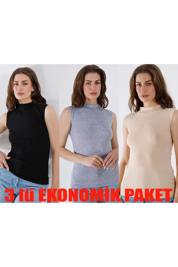 Şenay Women's Lycra Zero Sleeve Fisherman's Collar 3-Pack Economic Package