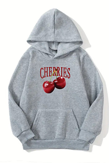 VBSVİBES Unisex Gray Hooded Sweatshirt – Cherries Printed, Raised Thick Fabric