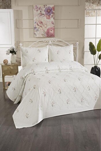 Çeyiz Diyarı Pinkrose Embroidered Chenille 3 Piece Double Bedspread Cream