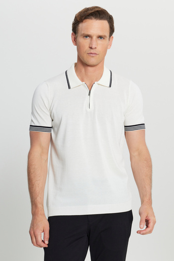 ALTINYILDIZ CLASSICS Men's White 100% Cotton Standard Fit Regular Fit Polo Neck Dobby Knitwear T-Shirt