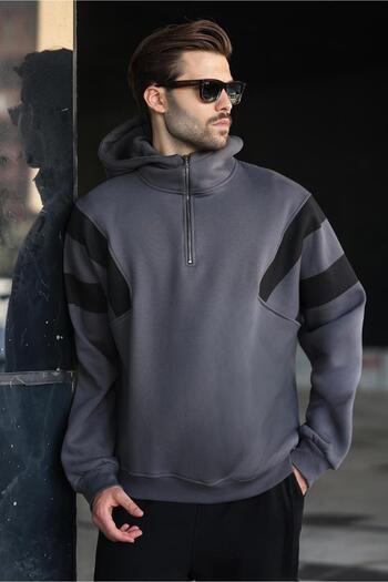 Madmext Smoked Zipper Collar Hooded Men's Sweatshirt E7161