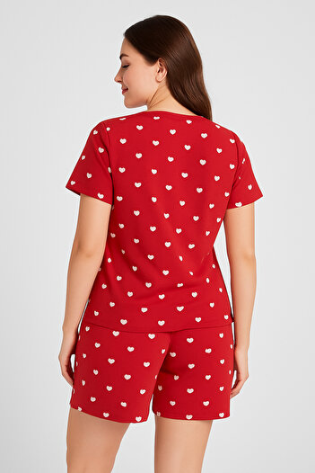 FAMESTEKSTİL Red Heart Pattern Short Sleeve Shorts Women's Pajama Set