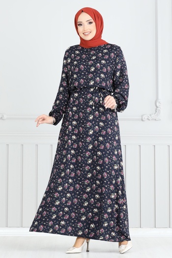 ModaMerve Floral Patterned Hijab Dress 807Ozn1046-Ms Navy