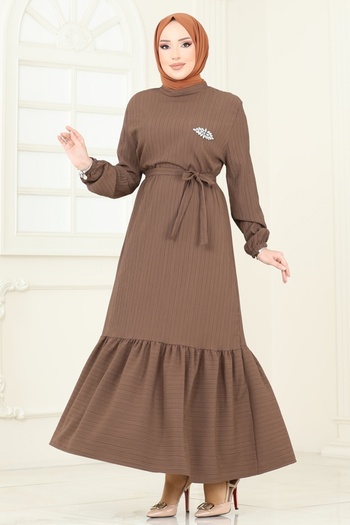 ModaMerve Stone Detailed Hijab Dress 813Ozn1046-Ms Brown