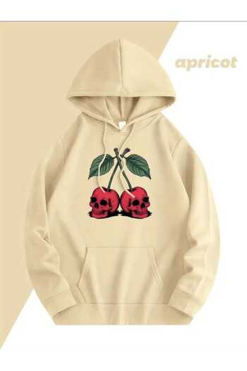 caddekombin Beige Sweatshirt with Skull Cherry Print, Hooded Pocket and Wool Inside
