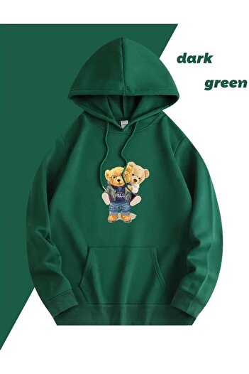 caddekombin Couple Bears Printed Hooded Pocket Cotton Green Sweatshirt