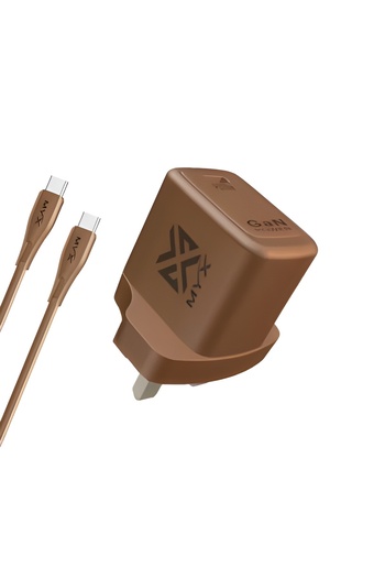 MYX QuickVolt 20W GAN Power Fast Charging Travel Charger With USB-C TO USB-C Cable- Gold Edition