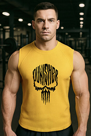BESSA Yellow Sports Tank Top Crew Neck Punisher Printed Sleeveless Oversize Fit Tank Top Fitness Men