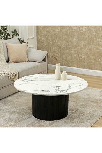 Vanity Living - Round Coffee Table, Marble Look, 100 cm Diameter, Travertine Stone Style, Curved Edg