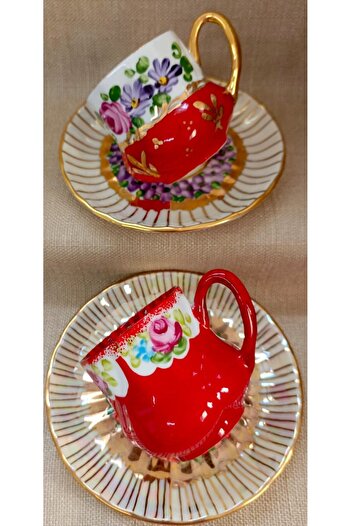 BY.RAYKA PORSELEN El Dekor Second Quality Porcelain Hand Painting Set of 2 Cup and Lucky (No Returns)