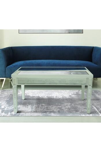 Vanity Living Coffee Table for Living Room, Rectangular Treviso Silver MDF & Mirrored Glass Tabletop