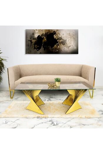 Vanity Living Coffee Table for Living Room, 130 cm Clear Tempered Glass Top Center Table, Gold Stain